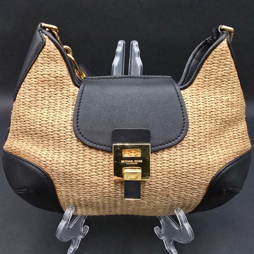 Michael Kors Collection Bancroft Shoulder Bag Rattan Black Leather Made in Italy